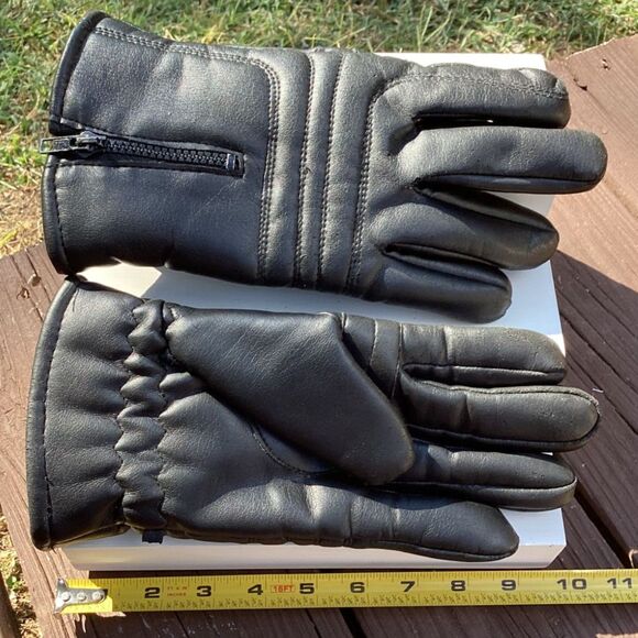 Mens Black Leather Gloves Zipper Quilted Motorcycle Biker Style Warm Winter - Picture 4 of 4